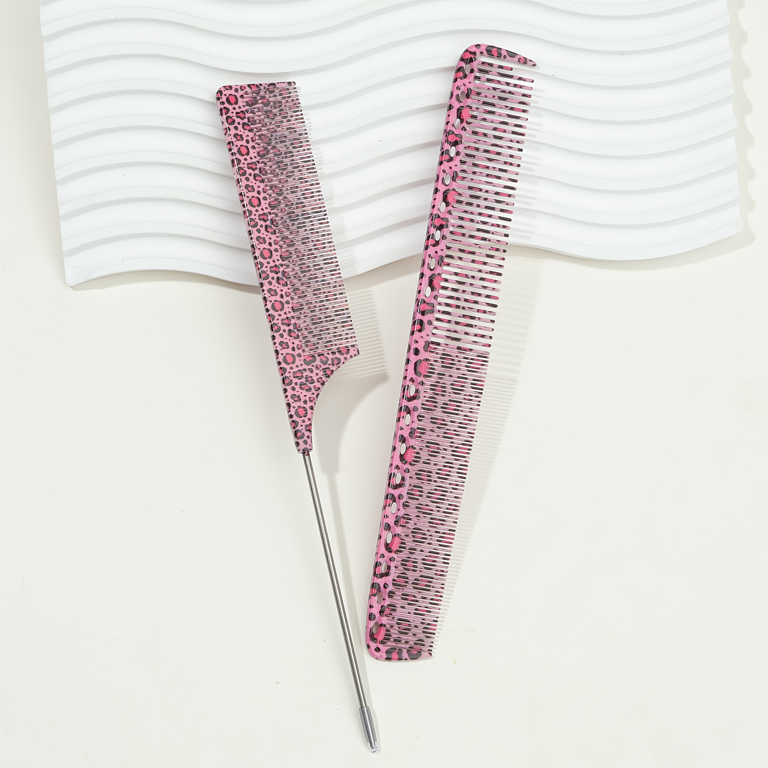 TEMU 2pcs Set Leopard Pattern Combs | Pointed Tail Steel Needle Comb And Smooth Comb | Stainless Steel Handles | Abs Teeth | Suitable For All Hair