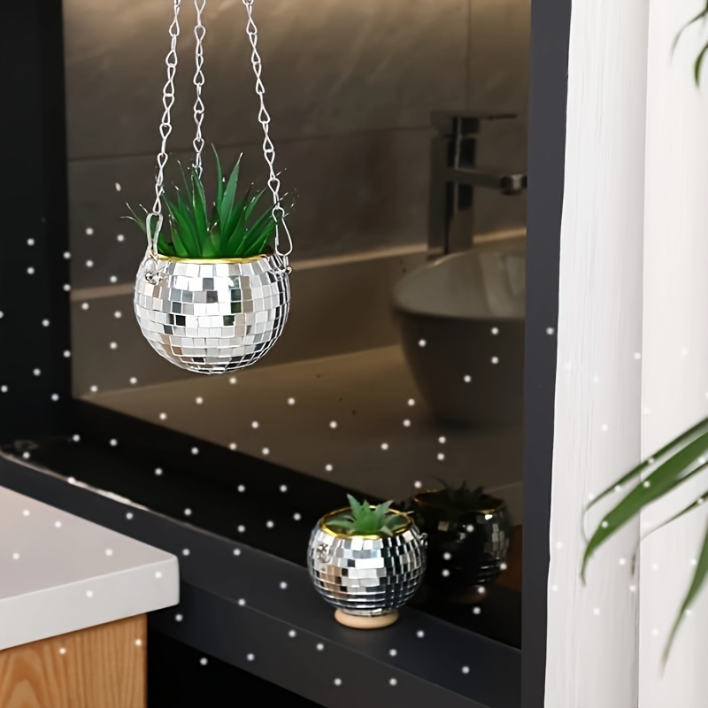 4 Inch Disco Ball Planter Mirror Ball Boho Hanging Planter Flower Pots Vase With Chain And Wooden Rings For Indoor Outdoor Plants Succulents Flowers Home Decorations (silver)