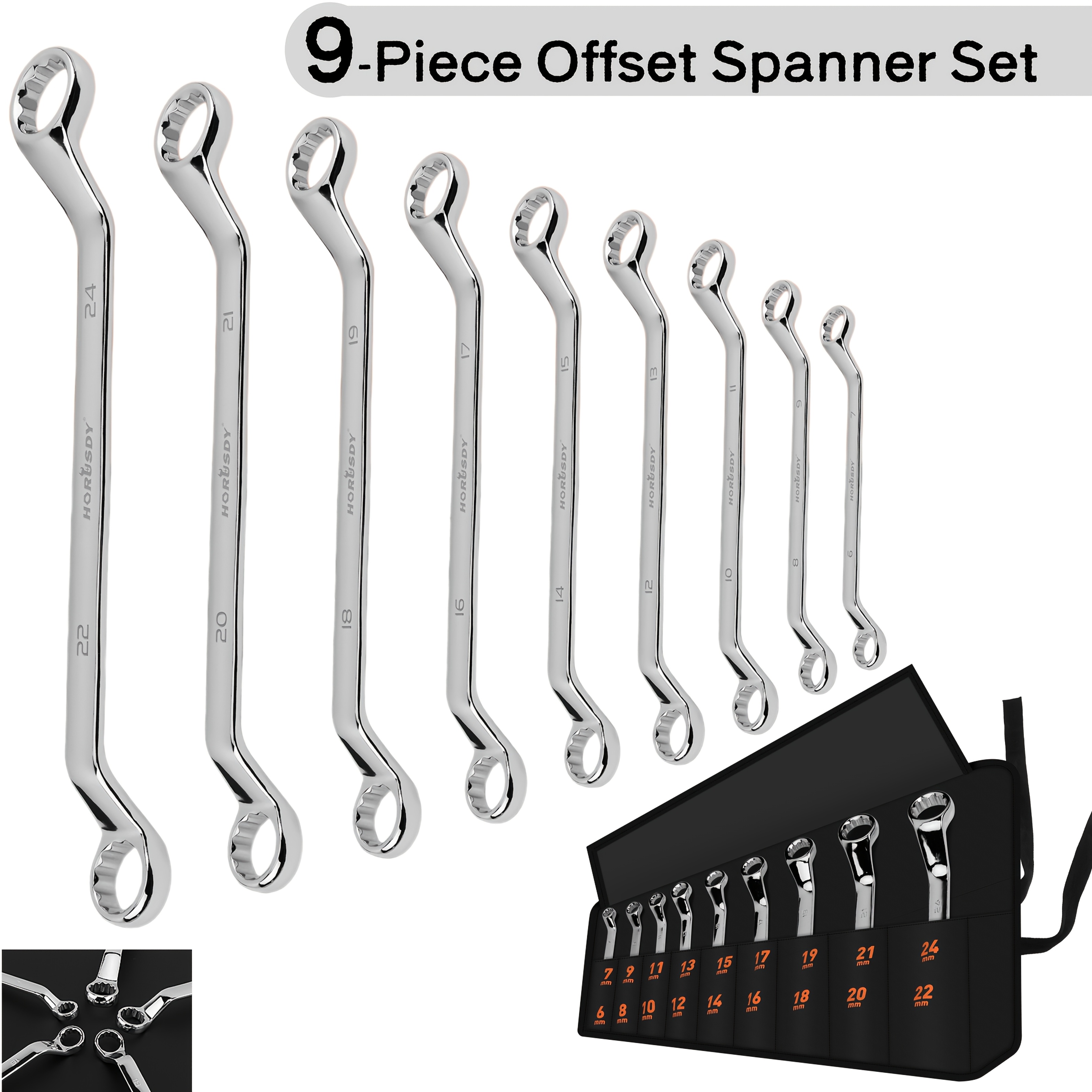 TEMU 9pcs Metric Offset Box End Wrench Set, 50-degree Offset, 6-24mm Mechanic Wrenches With Rolling Storage Pouch