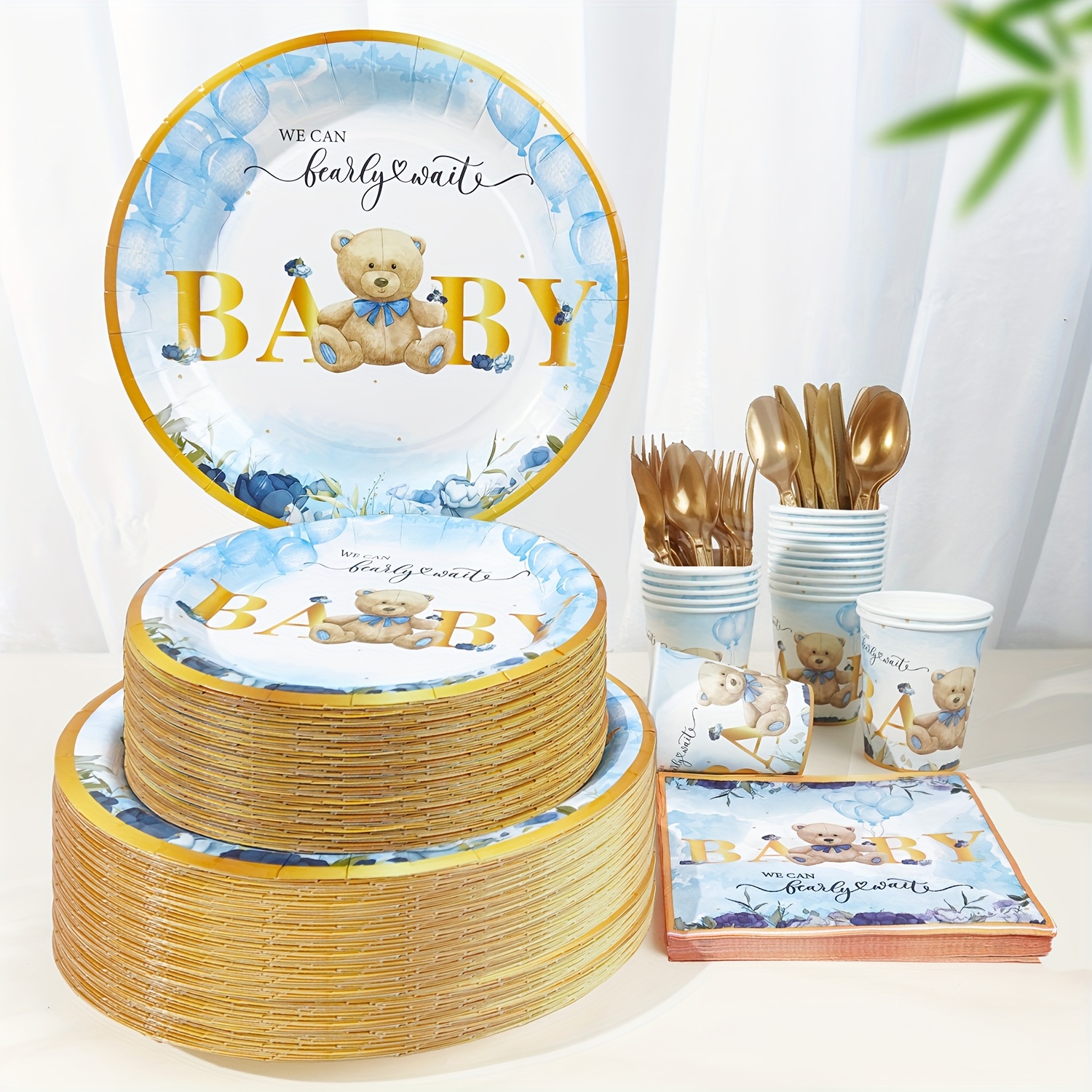 TEMU 140pcs Bear-themed Party Supplies Set, Including Disposable Tableware For Showers And Gender Reveal Celebrations, Featuring Paper Plates,