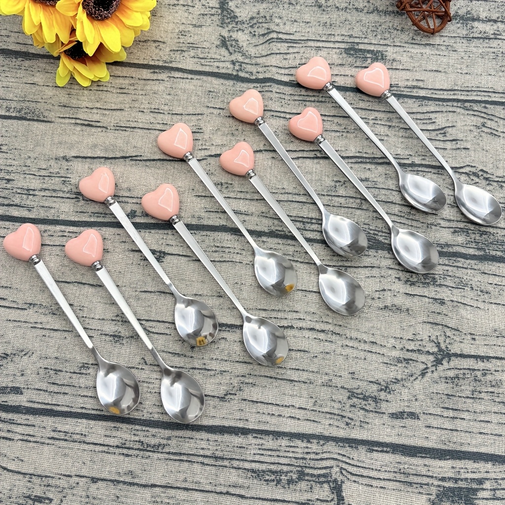 TEMU 10pcs Heart-shaped Handle Stainless Steel Cutlery Set, Including A Coffee Spoon, Dessert Spoon, Ice Cream Scoop, Fruit Fork, And Small Fork,