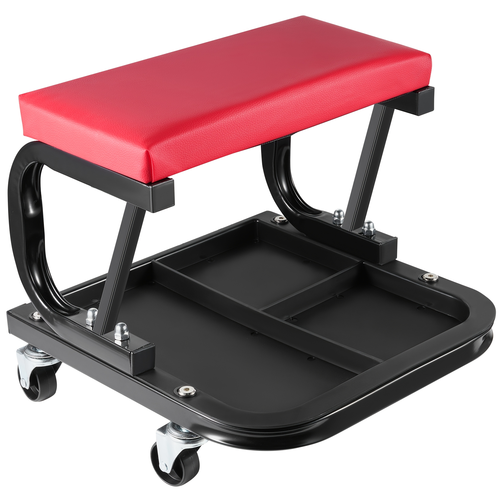 Image of Rolling Mechanic Stool, Soft Padded Creeper Trolley With Tool Tray, 4 Universal Casters, Heavy Duty Garage Work Stool Workshop Seat Chair, Red