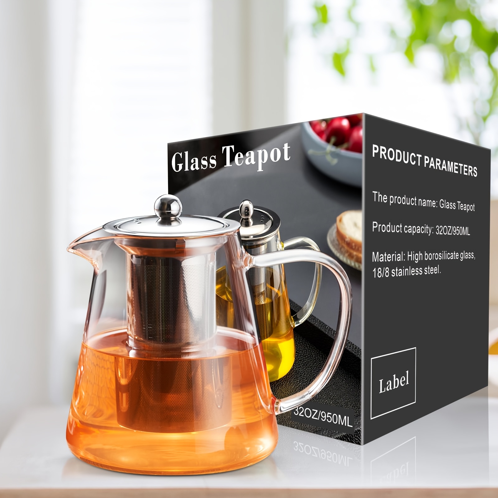 TEMU Heat-resistant Transparent Glass Teapot (950ml), Borosilicate Glass Clear Teapot With Removable Stainless Steel Strainer, Suitable For Brewing ,