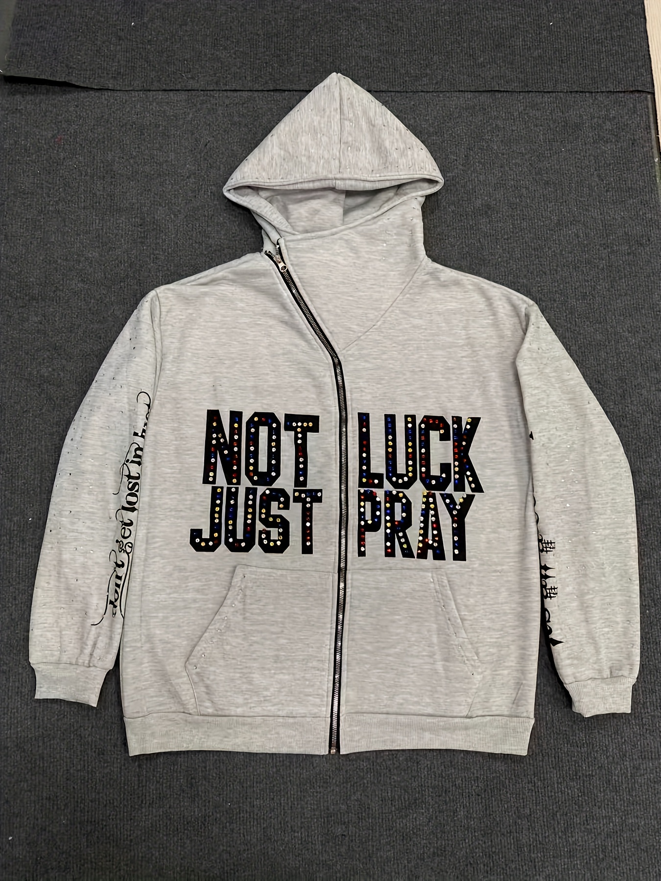 Women's Y2K Retro Rhinestone Zip-Up Hoodie with HOT LUCK JUST PRAY Lettering & Full-Zip Closure - Sparkling Crystal Streetwear Sweatshirt, A-Line Fit, Machine Washable, All-Season Layering Piece for 2000s Fashion Outfits, Colorful Rhinestone Lettering Print, Long Sleeve, Regular Fit, Zip-Up Hoodie, Y2K Aesthetic, Women's Fashion, Black with Rhinestone Detailing, Fall Clothes For Women, Vintage Hoodies For Women