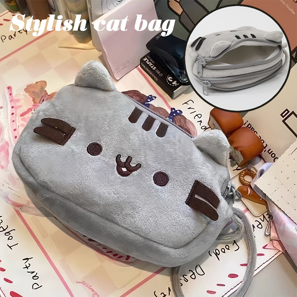 

Adorable Gray Cat Plush Makeup Bag - Soft Cotton, Scent-free Cosmetic Pouch For Tools & Accessories