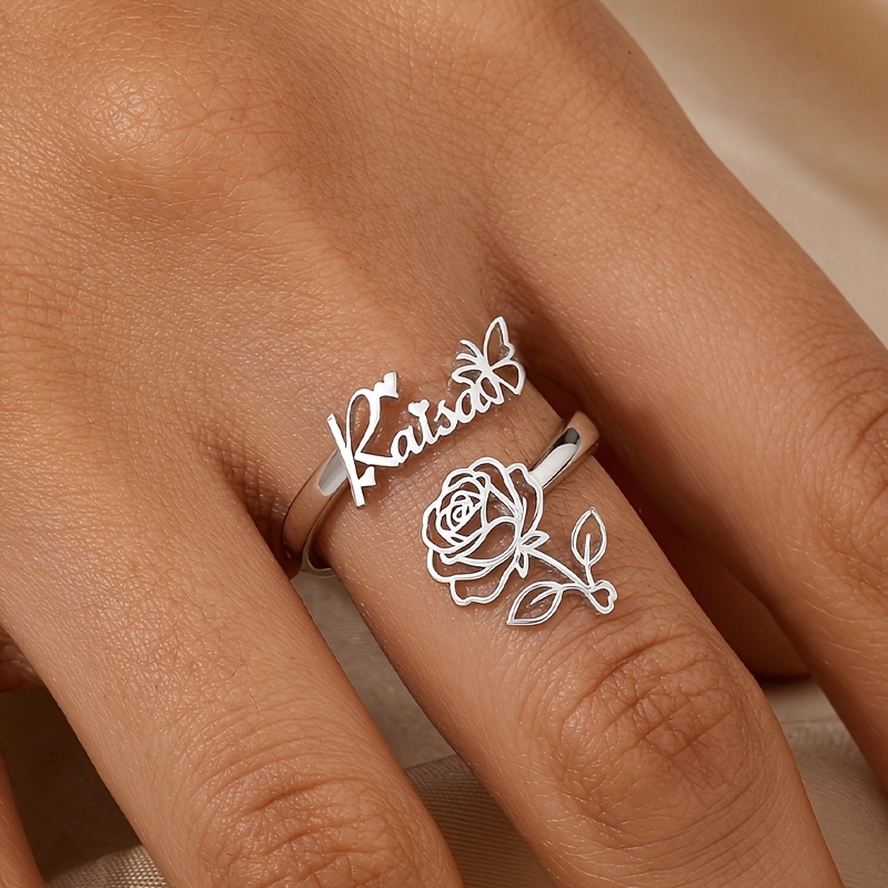 TEMU Custom Name Rose , Stainless Steel Hollow Finger Ring, Birthday Party Atmosphere Accessory, Luxury Minimalist Floral Couple Memorial Accessory,