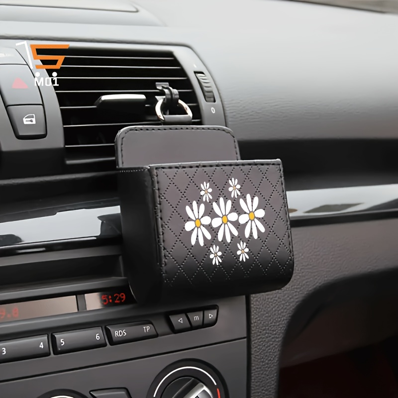 TEMU 1pc Boîte de rangement suspendue pour ventilation de voiture à motif de marguerites blanches douces, organisateur de voiture multifonctionnel,