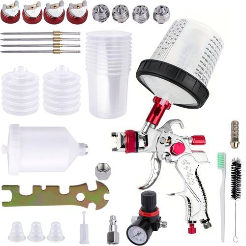 hvlp spray gun with 10 600ml disposable paint cups a car gravity feed spray gun kit with 4 nozzles 1 4 1 7 2 0 2 5mm a car spray gun with air compressor regulator and other accessories