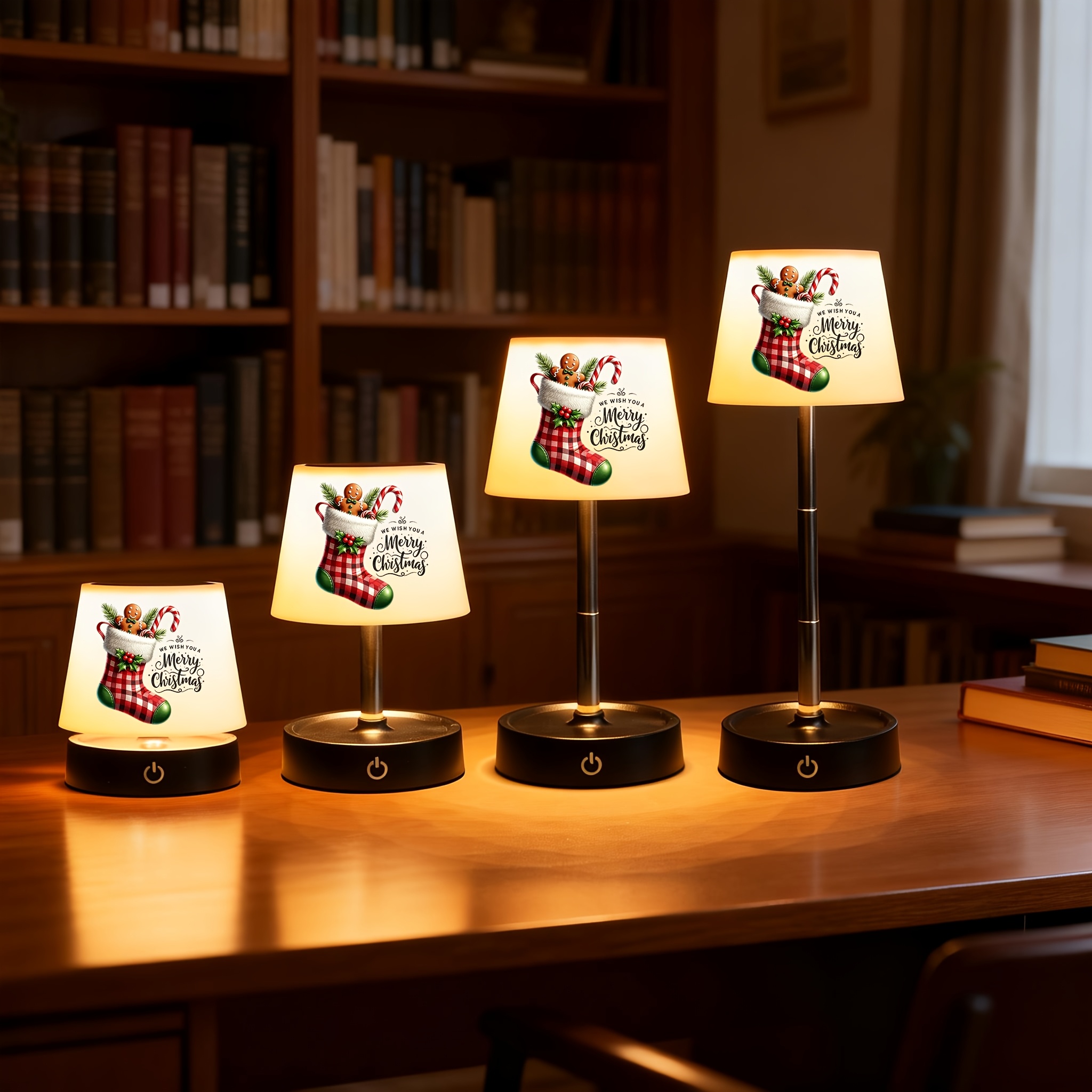 Red Plaid Christmas Stocking Gingerbread Man Print Office Lamp, Adjustable & Rechargeable