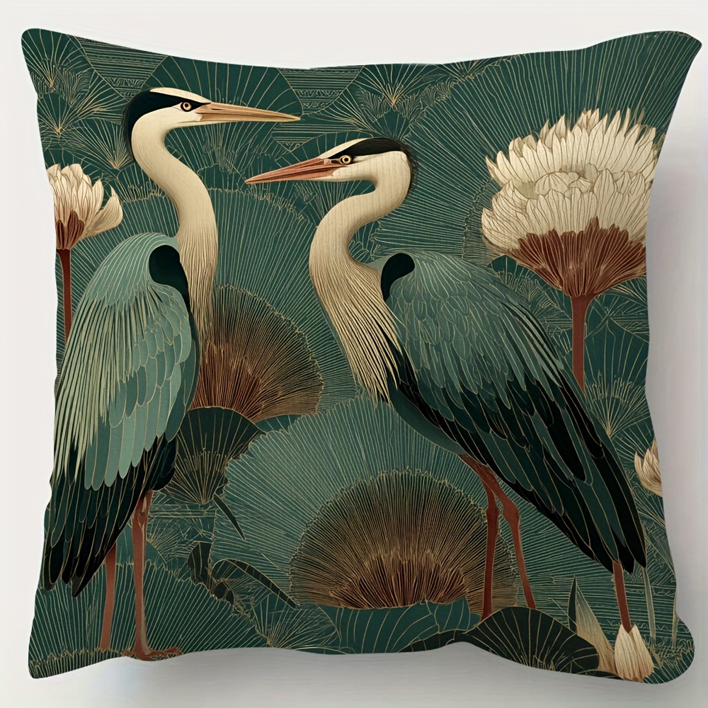 TEMU 1pc Dark Green Heron Print Plush Velvet Pillowcase Suitable For Sofa Bed Cushion Cover, Double-sided Zipper Closure Decorative Cover With Heron