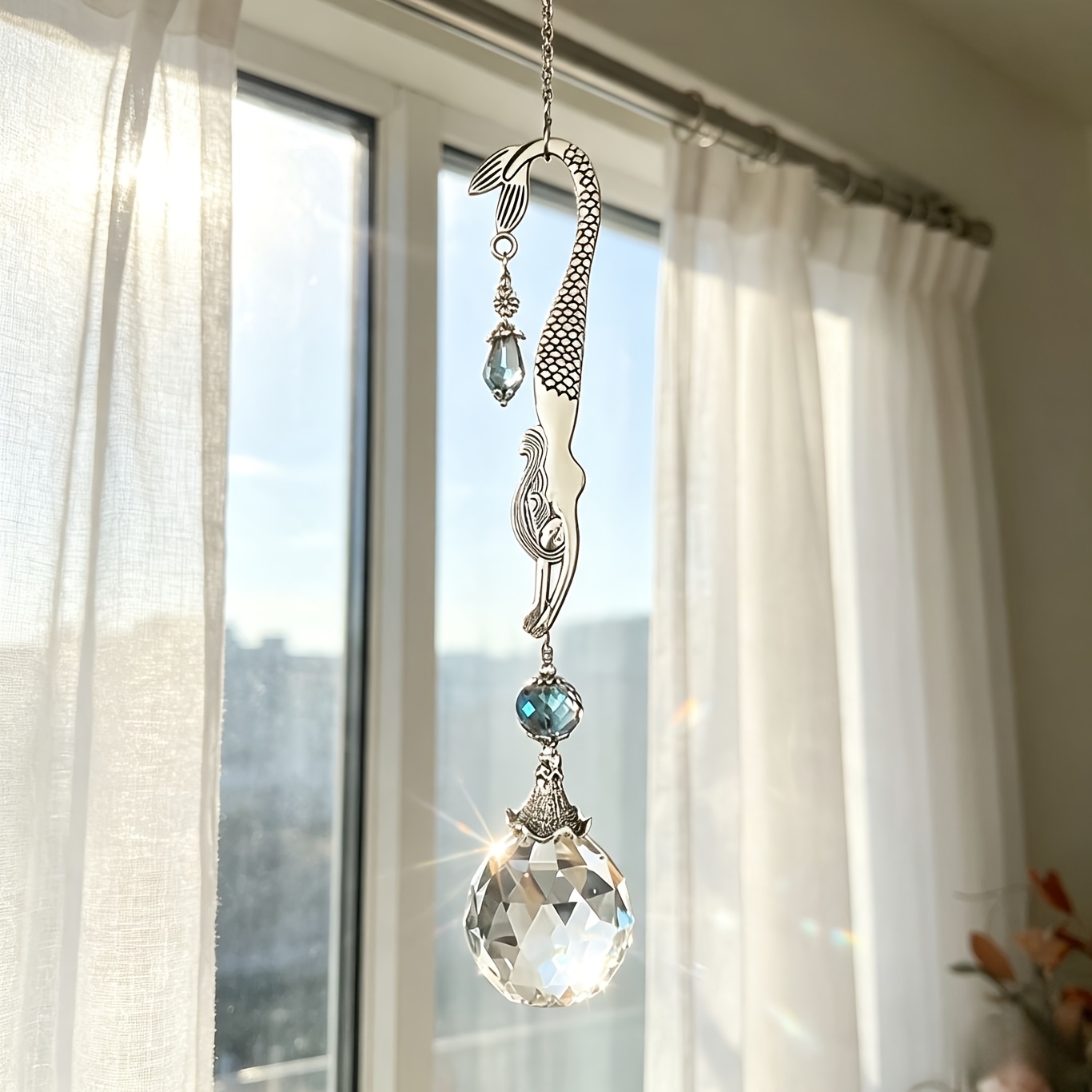 TEMU Mermaid , Crystal Suncatcher- Elegant Mermaid-shaped Hanging Decor With Crystal, Wedding Valentine's Christmas Decoration For Balcony, Garden,
