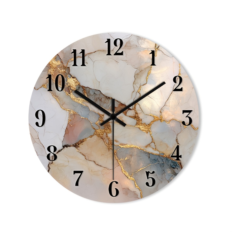 TEMU 1pc Silent Wall Clock Non-ticking Wooden, Decorative Circular Clock Hd Glossy Lamination Finish Abstract Marble Texture Withgoldenaccents Design