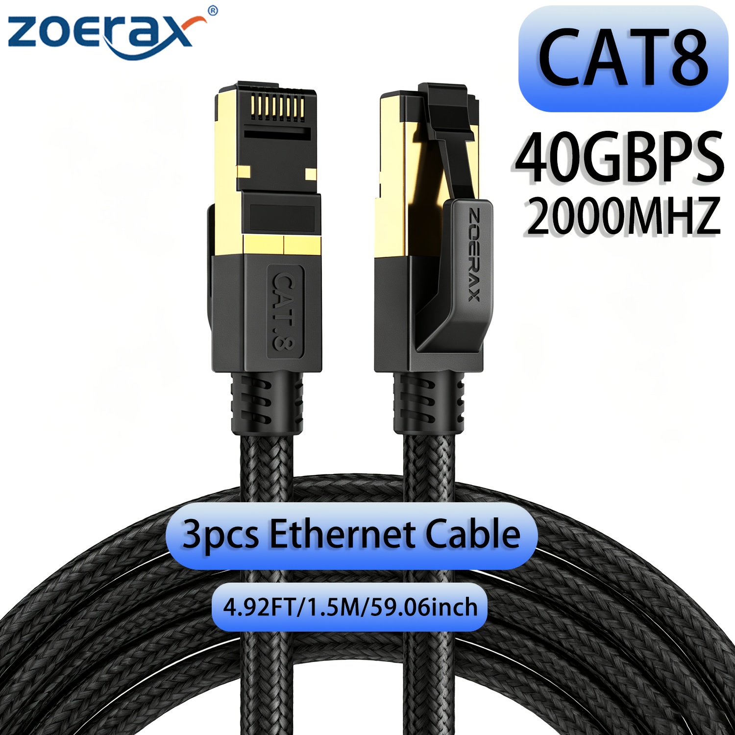 Zoerax 3pcs 1.5m Braided Shielded Ethernet Cable, 40gbps 2000mhz Rj45 Lan Cord, Gaming Network Patch Cable For Router Switch Home Local
