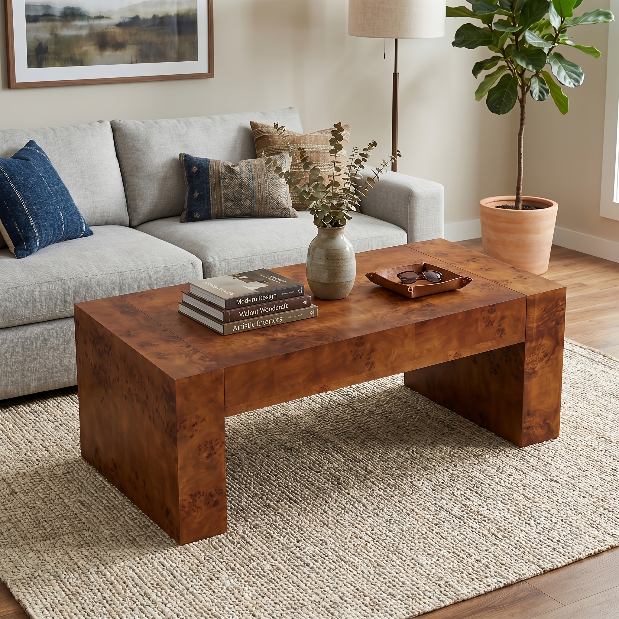 Modern Burl Wood Finish Coffee Table Suitable for Living Spaces, Minimalist Rectangular Center Table with Brushed Block Legs & Density Board Top, Sturdy /Outdoor Furniture for, Balcony, Entryway - Assembly