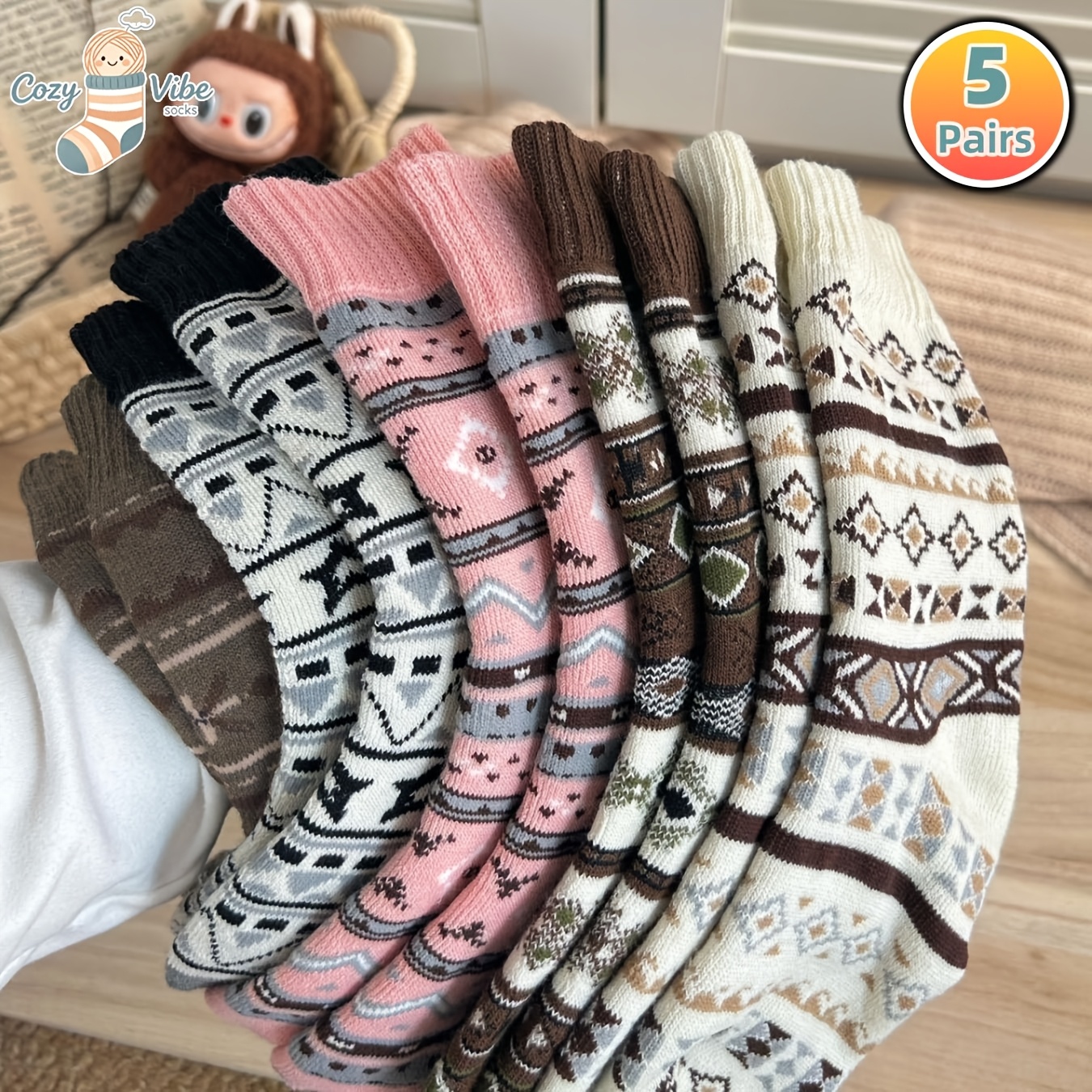 TEMU 5 Pairs Women Vintage Fair Isle Geometric Mid Calf Socks, Retro Ethnic Knit Crew Socks For Autumn Winter Matching Boots Daily Outfit