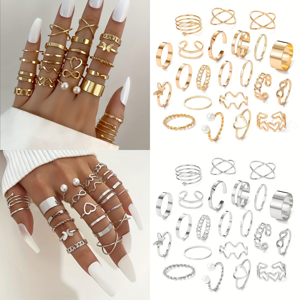 

22pcs/44pcs/set Women' Ring Set Golden And Silvery Butterfly Imitation Pearl Women's Ring Set, Light Luxury High-end Design Suitable For Women To Wear In Daily Parties, Gift