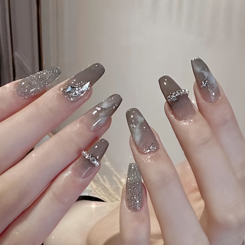 

24pcs Gray Press On Nails, Medium Ballerina Fake Nails With 3d Crystal Glitter And Star Design, Gray Gradient Glitter False Nails For Women And Girls