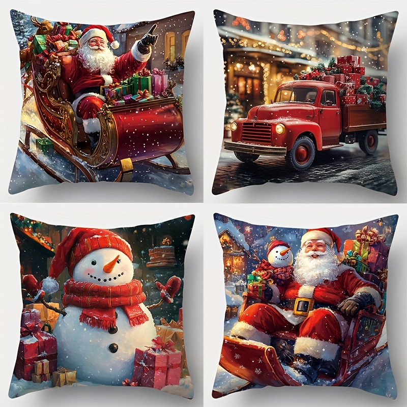 

4pcs Christmas Throw Pillow Covers Set - Cute Snowman & Santa Claus Designs, Polyester, Zip Closure - Living Room & Sofa Decor, 17.7" X 17.7" (pillow Inserts Not Included)