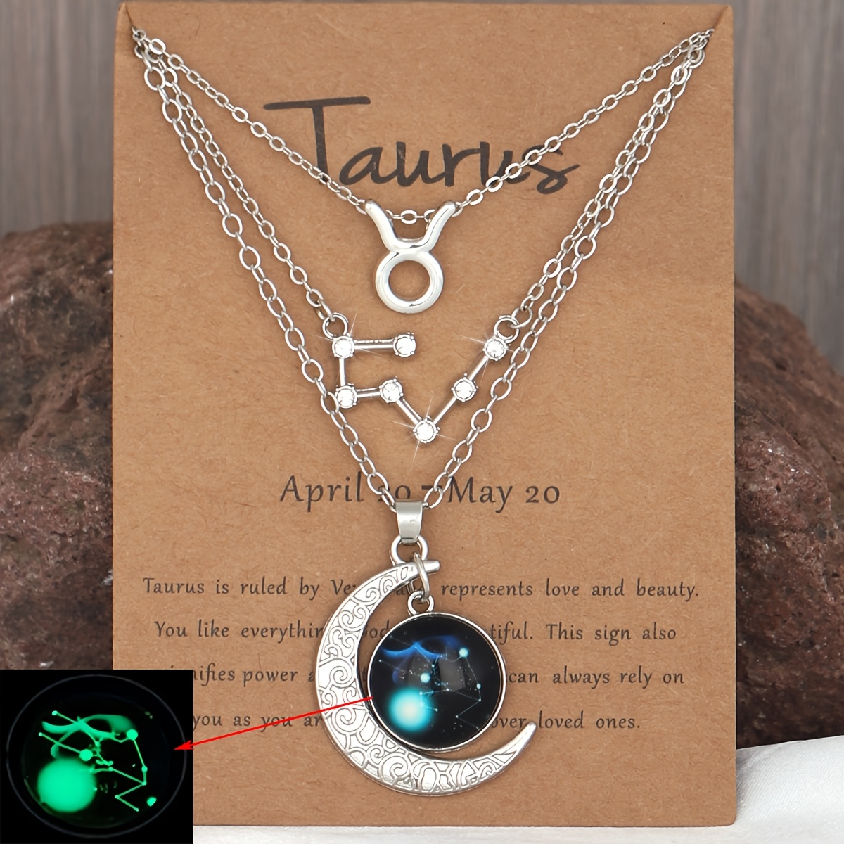 TEMU 3pcs Vintage Zodiac Moon Luminous Pendant Necklace Set | Celestial Symbols, Plated K Alloy, Ideal For Daily Wear And Gift-