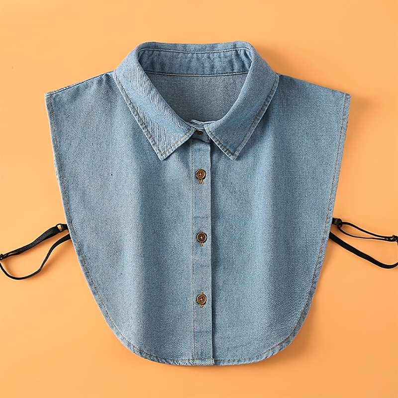 TEMU 1pc Unisex Light Blue Washed Denim Decorative Pointed Collar Peter Pan Collar