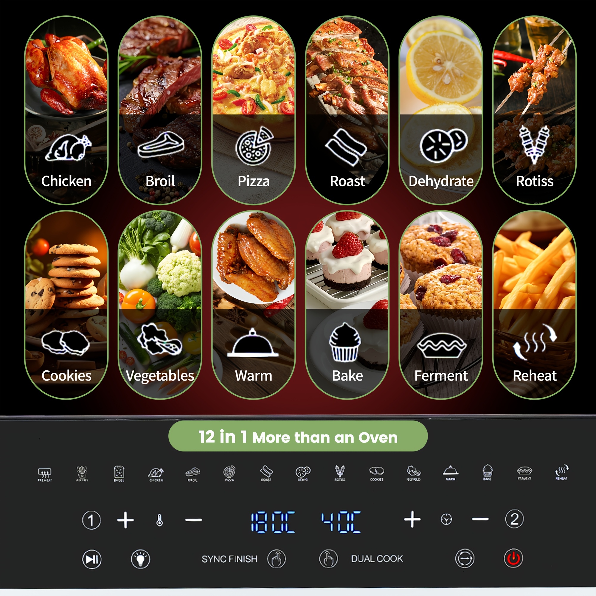 Dubbele Zone Heetluchtfriteuse, 23L Heetluchtfriteuse, XXL Oven 2200 W met LED Touchscreen, 15 Programma's, met Receptenboek, Compleet Set Accessoires