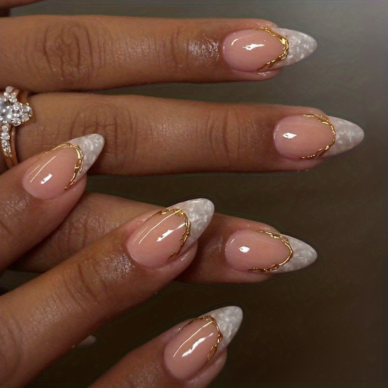 TEMU 24pcs White Acrylic Nails Medium Almond Press On Nails Reusable With Golden Irregularity Line Surface Glossy Full Cover Element Style For Woman