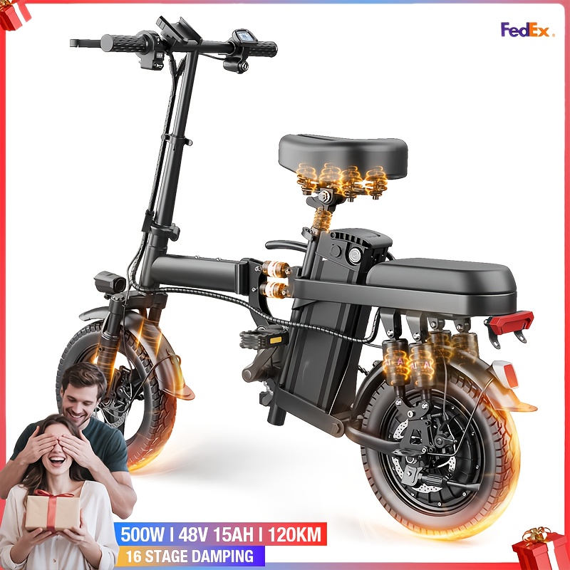 TEMU Vélo électrique adulte A9, vélo électrique pliant standard 500W, batterie lithium-ion amovible 48V 15Ah, vélo électrique pliant élégant de 14