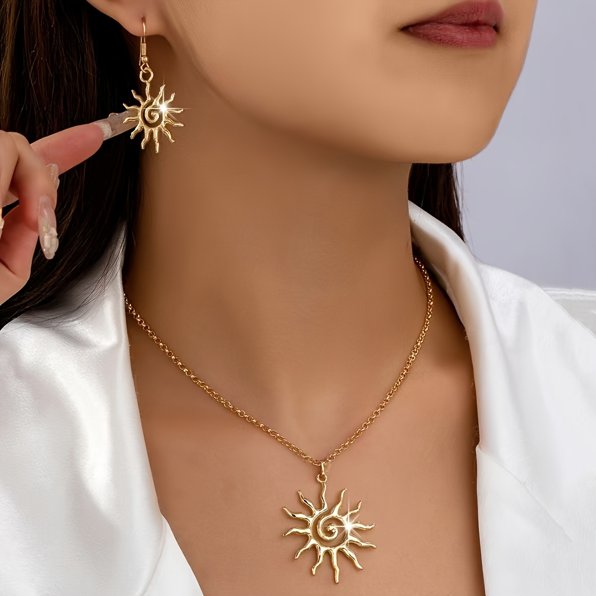 Bohemian Style Sunflower Pendant Necklace And Earrings Set - Fashionable, Unique, Versatile, And Luxe