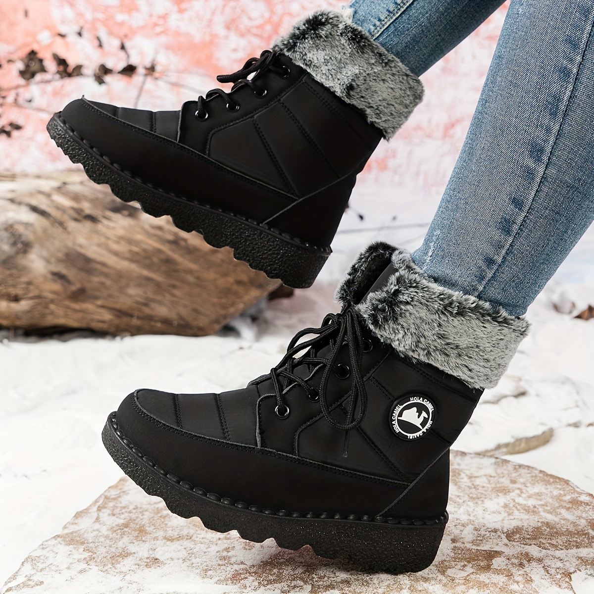 

Women's Winter Snow Boots Mid-calf - Casual Solid Color Round Toe With Lace-up Closure, Wedge Heel, Fabric Upper/inner, Pu Sole - Hand Washable Platform Boots (north America & European Special)