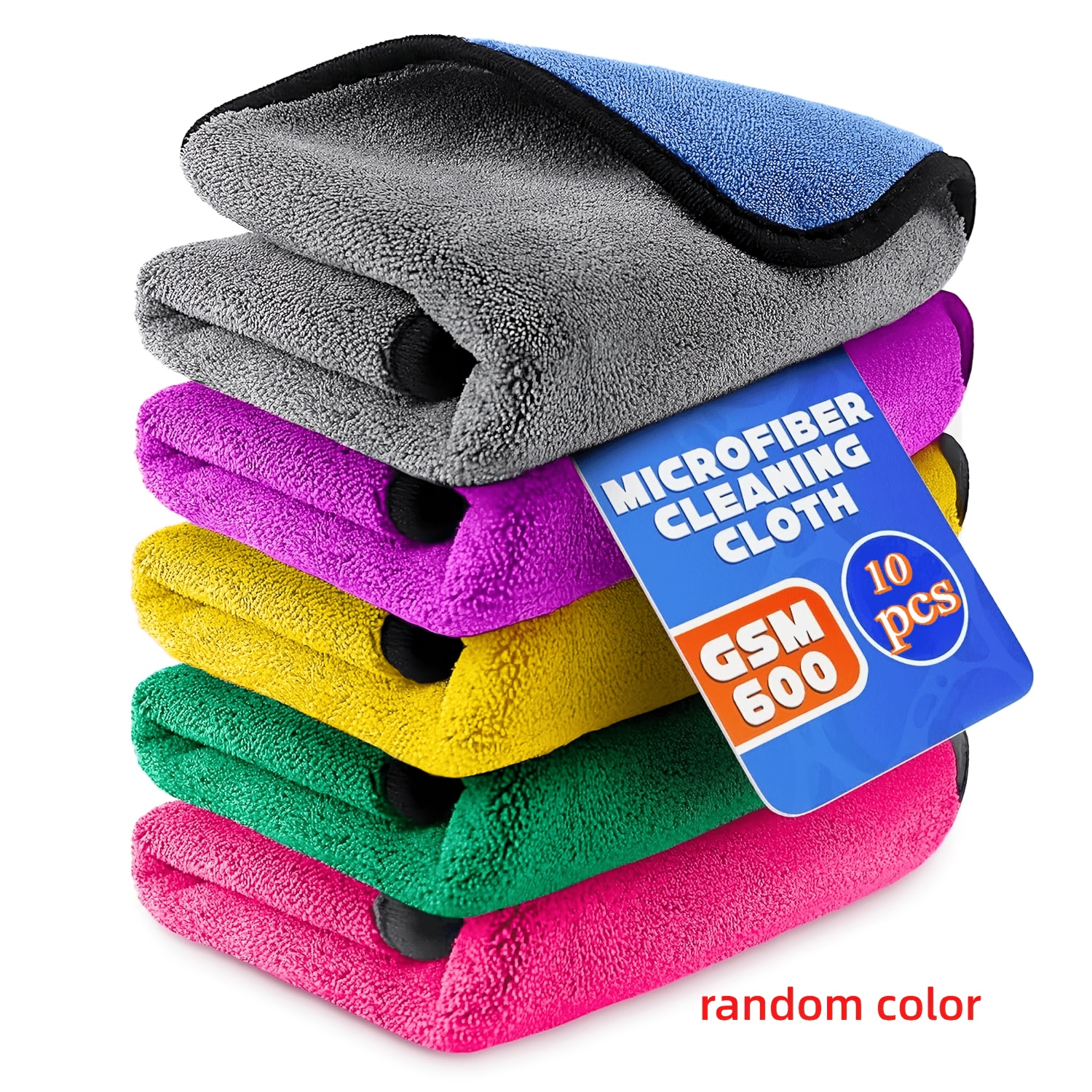 TEMU 10-strip Thickened Colored Microfiber Cleaning Cloth Set - Vibrant Absorbent Towels, Double-layer Cleaning Rags, High-strength 600 Gsm Fabric,