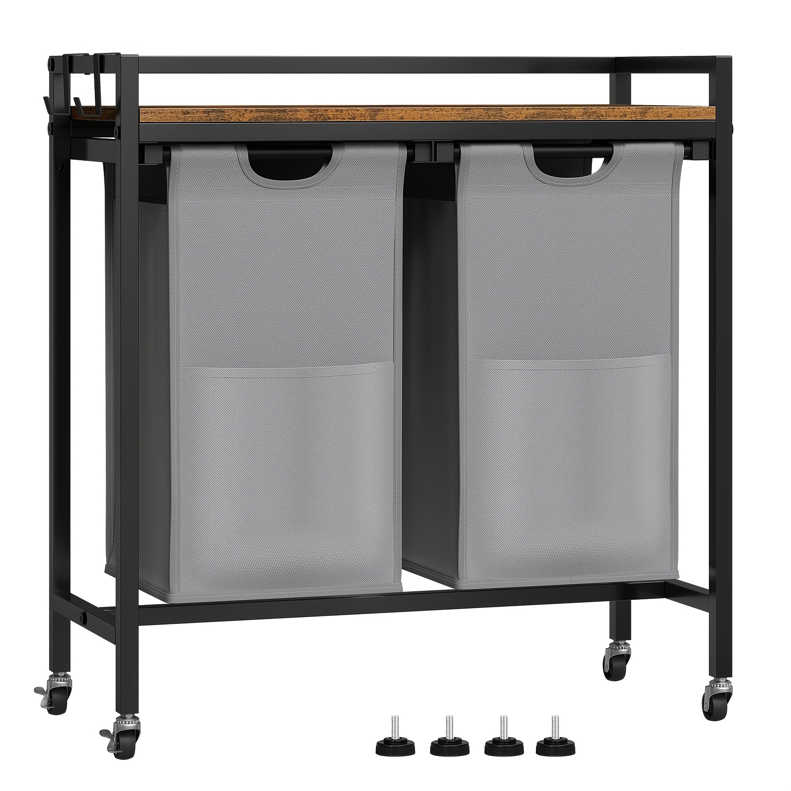 1pc Bathroom Rack With 2 Laundry Baskets, Wheels, And Side Hooks; Extendable And Removable Laundry, Space- Design; Sturdy And Wood Construction; Woodlook+black; 75 X 70 X 35 Cm