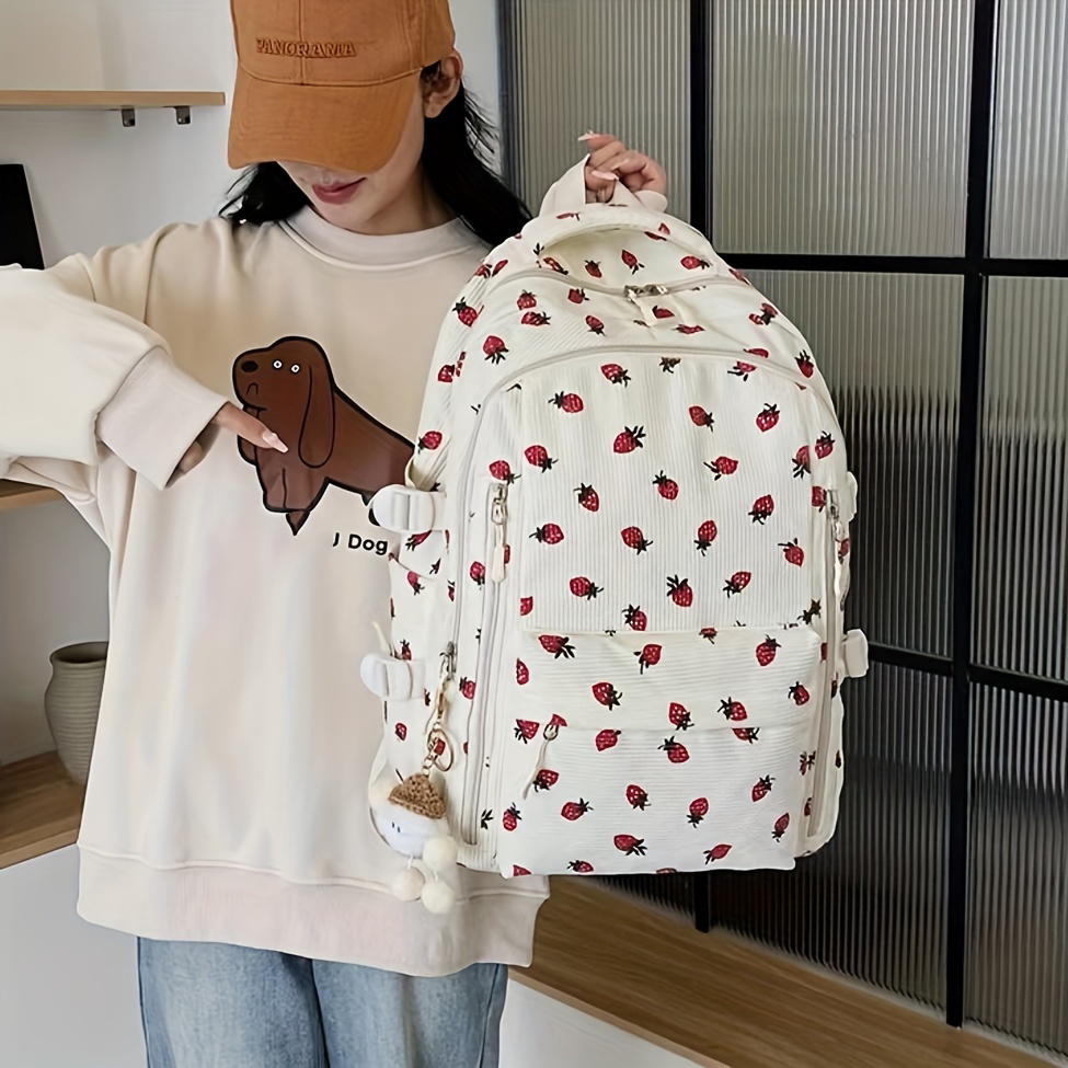 

Fashion Backpacks, Corduroy Fruit Strawberry Schoolbag, Aesthetic Sweet Travel Daypack