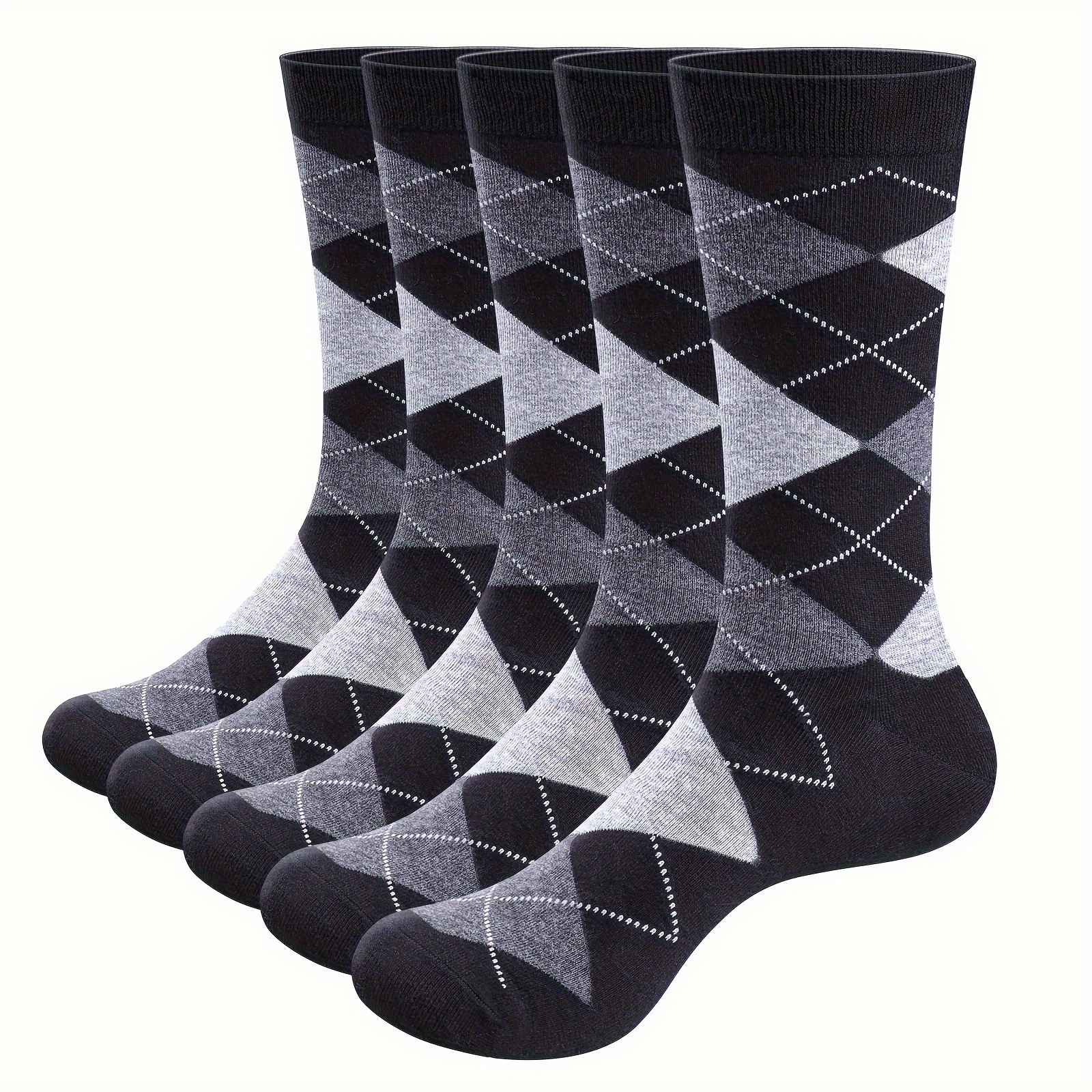 

5 Pairs Men' & White Argyle Crew Socks - Ribbed Cuff, Diamond Pattern, Polyester For Business Casual & Active Wear, Business Casual Socks | Classic Crew Socks | Knitted Texture Socks