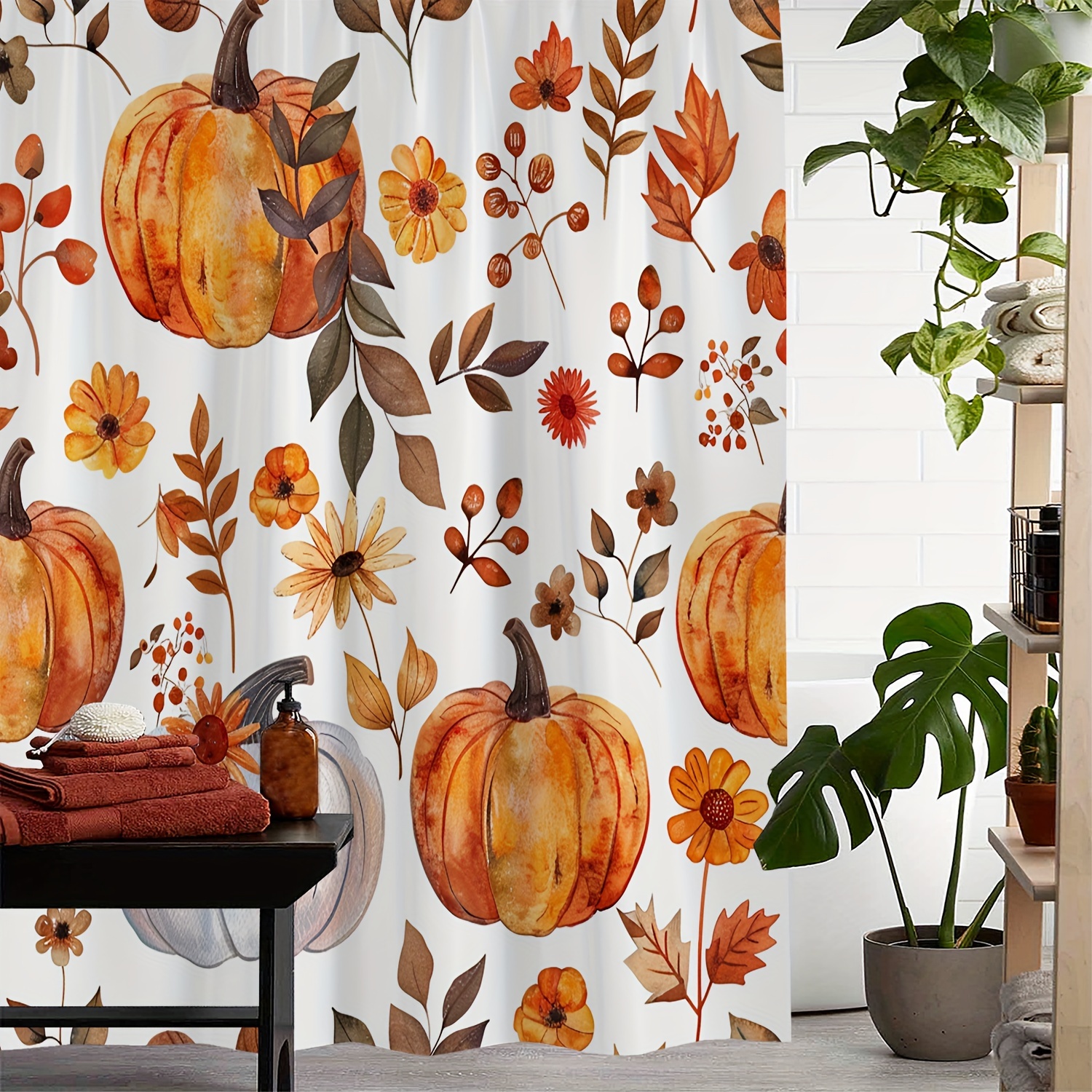 

Autumn Pumpkin Floral Print Waterproof Shower Curtain With 12 Hooks – Machine Washable Polyester Bath Curtain, Artistic Water-resistant Design With Weave Pattern – Includes Hook Set For Easy Hanging