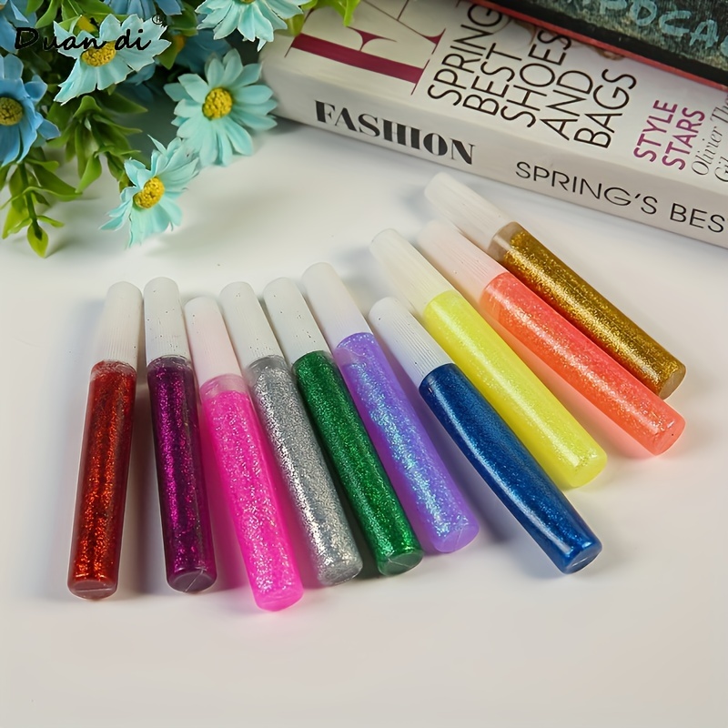 

10pcs Glitter Glue Pen Set, 10 Assorted Colors, Plastic Material, 3d Drawing Tool For Art And Crafts