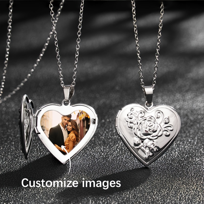 

Personalized Stainless Steel Silvery And Golden Pendant Necklace For Women, Featuring An Openable Heart-shaped Rose Pattern Photo Frame Pendant. A Perfect Couple Accessory And Souvenir.