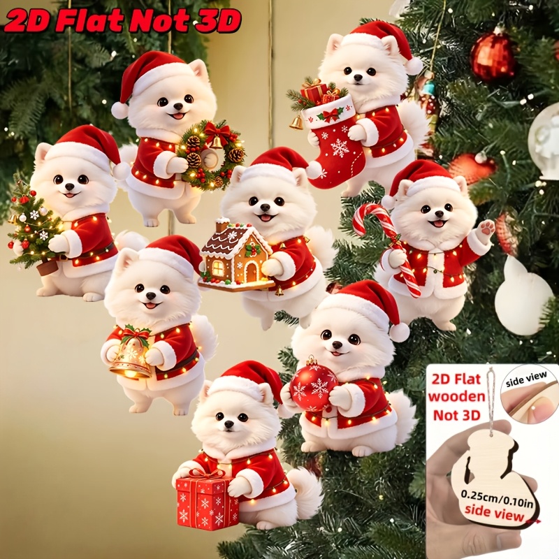 TEMU 2d Flat - 8pcs Set Of Cute Christmas Different Christmas Outfits Pomeranian Wooden Ornaments - 2d Flat, Not 3d | , Manufactured Wood | Suitable