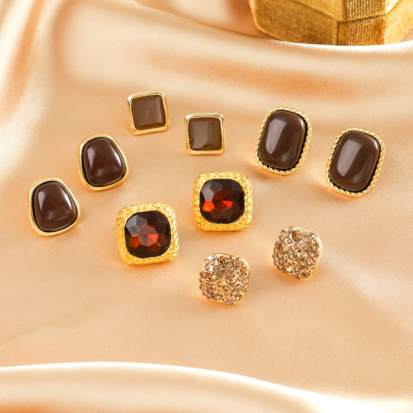 5-Pair Vintage Coffee Brown Geometric Irregular Square Earrings
