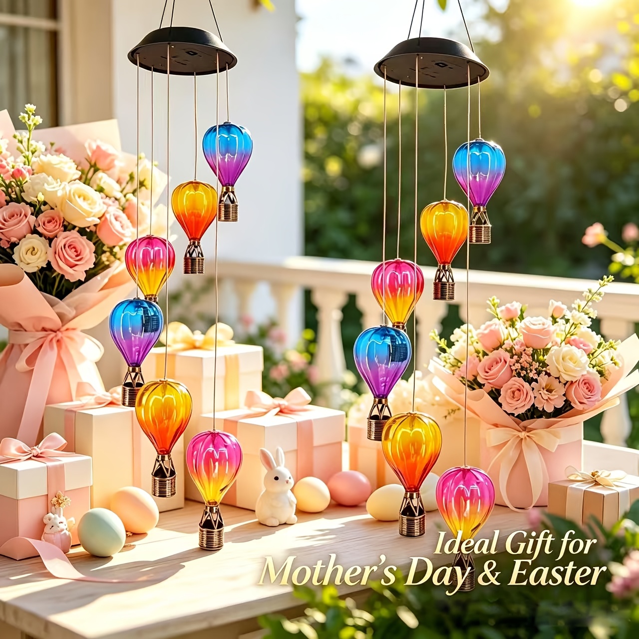 TEMU 2pcs Hot Air Balloon Solar Wind Chime Lights, High- Solar Panel, Ip65, Auto Dusk Sensor, 6 Light Heads Garden Decor Lamps, Holiday Ambient Light