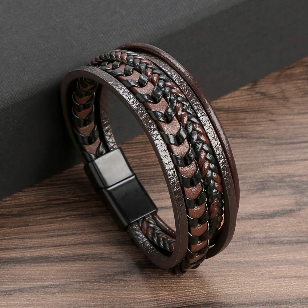 1pc Cross-border Hot-selling Jewelry Men's Woven Pu Leather Rope Bracelet Alloy Magnetic Bracelet