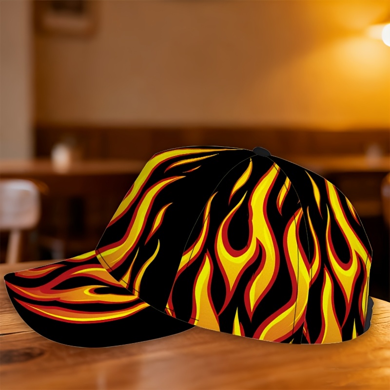 TEMU 1 Black Snapback Baseball Cap With A Two-dimensional Flat Flame Print, Adjustable, Lightweight, And Ideal For Running And Outdoor Activities