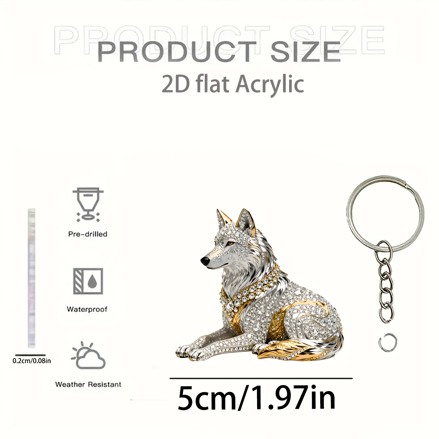 TEMU 2d Flat, 2d Flat Light Luxury Rhinestone-embellished Golden And Silvery Lying White Wolf Flat Acrylic Keychain, Double-sided Printed Metal Key
