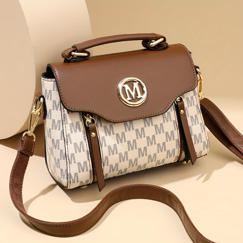 TEMU Vintage Geometric Women's Handbag - Large Capacity Pu Shoulder Bag With , Herringbone Pattern And "m" Letter Design, Removable Shoulder Strap For Daily Use (light Brown/ White/ Black)