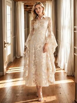 women elegant floral jacquard midi dress collared button front dramatic bell flare long sleeves sheer organza lace a line formal dress for wedding guest bridal shower evening party