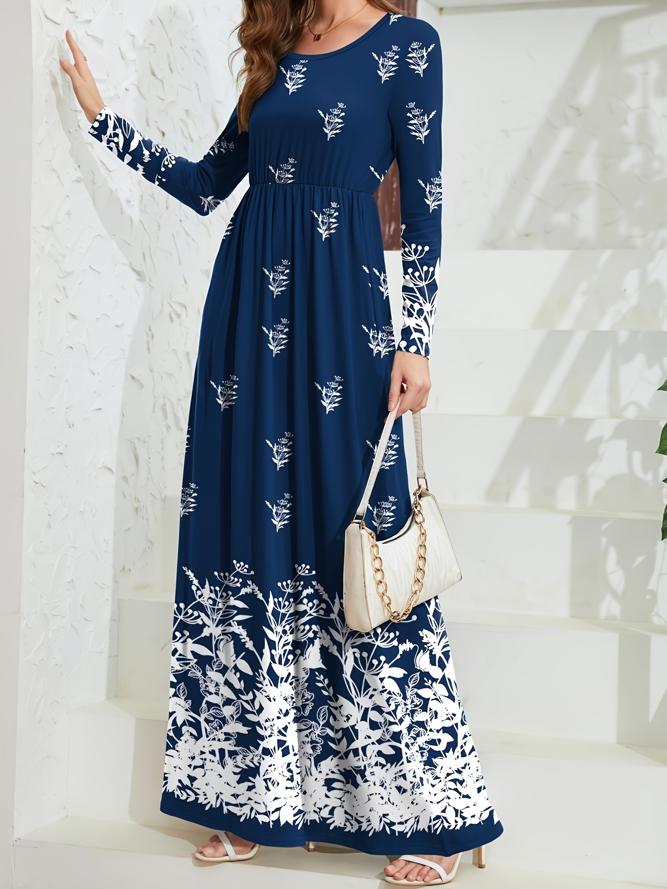 womens navy blue floral print maxi dress casual long sleeve - Temu Oman