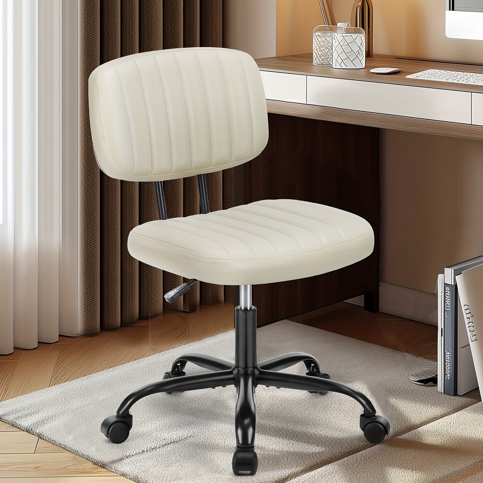 TEMU Small Desk Chair Armless, Comfortable Office Chair With Wheels, Rolling Task Chair With Low Back Lumbar Support, Vanity Chair For Bedroom Living Room Study Room, Pu Leather