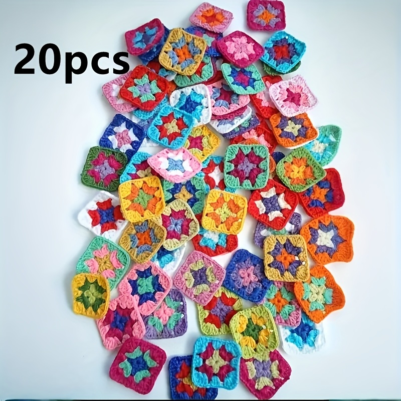 TEMU 20pcs Handmade Crochet Floral Blocks - Floral Patterns In Red, Blue, Yellow, Orange, Green, White, Brown - Suitable For Diy Sweaters, Crochet