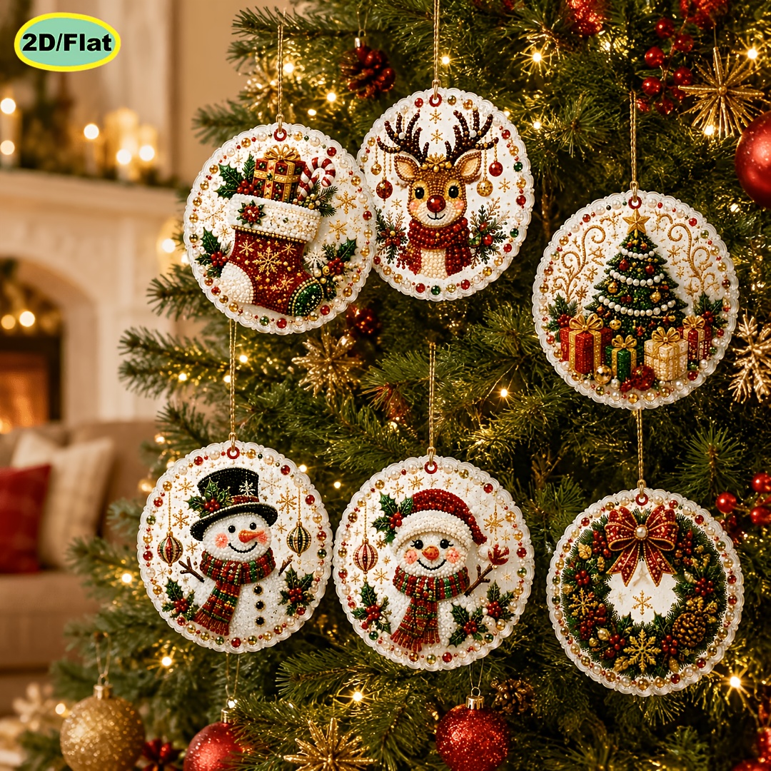 TEMU 6pcs Set Of Pearl Diamond Painting Wooden Tag Pendants, Christmas-themed 2d Flat High-definition Printing, 7.8cm Complete Set Of Hand-drilled