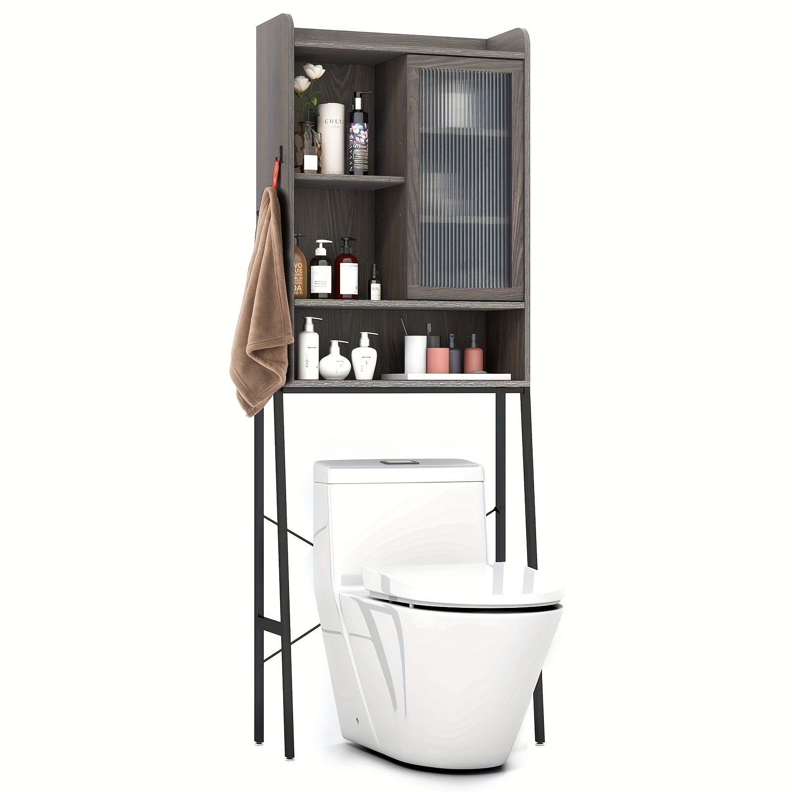 

1pc Free Standing Over The Toilet Organizer, With Sliding Acrylic Door & Metal Frame, Over The Toilet Storage Cabinet, Home Storage Supplies