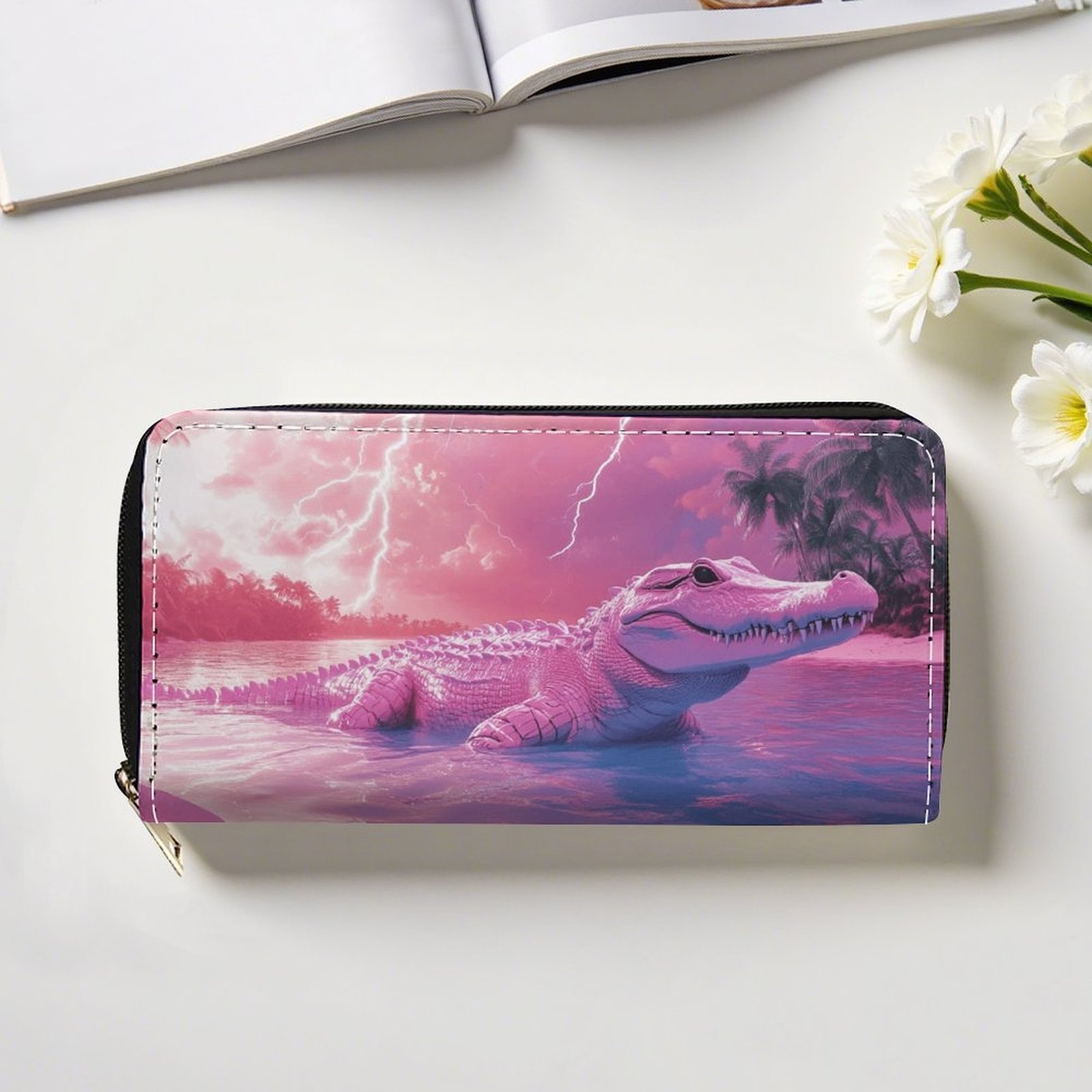 Women s & Men s   Wallet & Purse with Zipper Closure - Pink Crocodile &   Design, Card Holder & Coin Pocket, Golden-Tone Hardware, Wet Wipe Clean - Luxury Gift for   (Casual & Formal Use) - Long Wallet with Zipper Closure, Multifunctional, Double-Sided Pink Crocodile & Sunset Design, Card Slots & Zippered Pocket, No Lining, Secure Use, Clutch Wallet For Women, Purses And Wallets, Wallet For Women Long, High Quality Wallet For Women, Vintage Wallet,